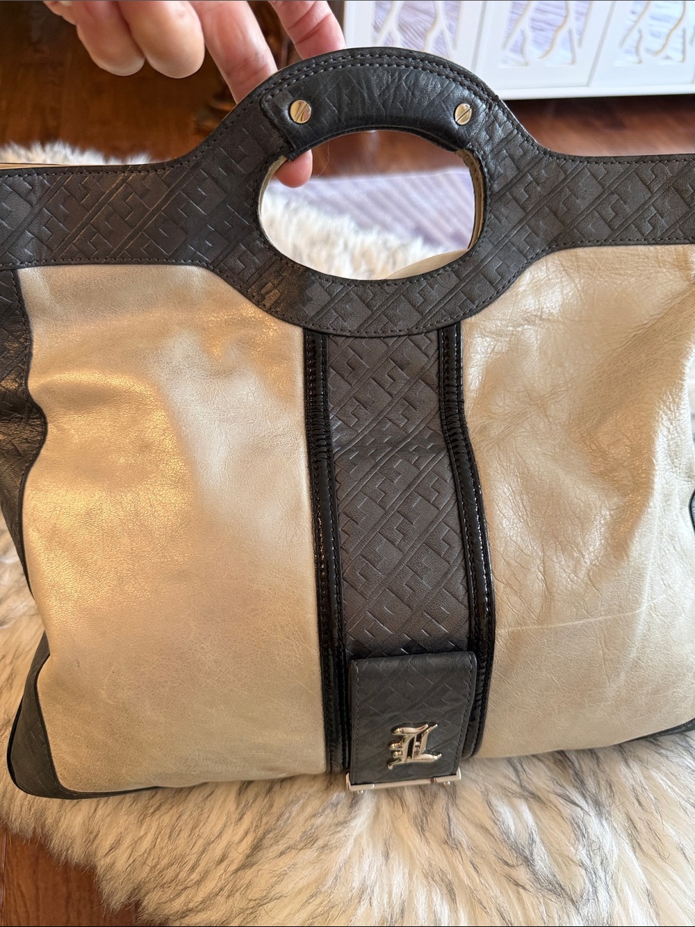 Vintage L.A.M.B.Leather Two-Tone metallic Beige and Black Tote Bag - Picture 1 of 9